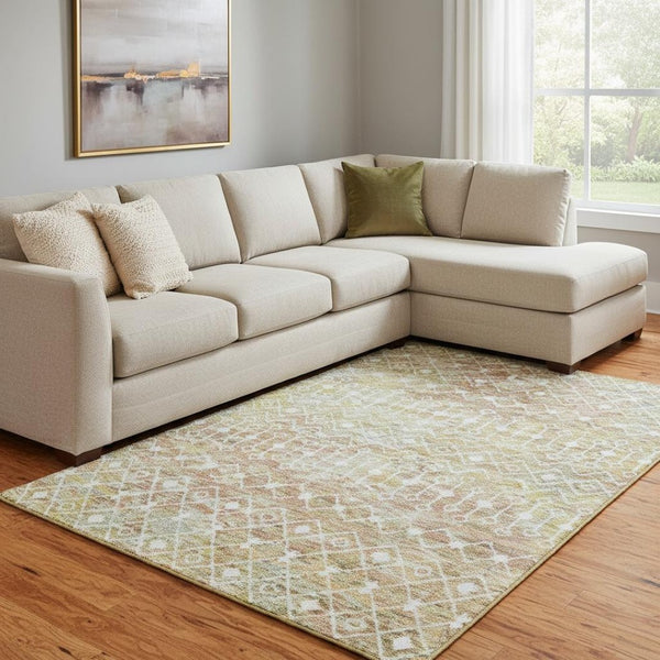HomeRoots 8' X 10' Peach Ivory & Gold Geometric Area Rug - Washable, UV-Protected, Durable for Busy Homes 695652