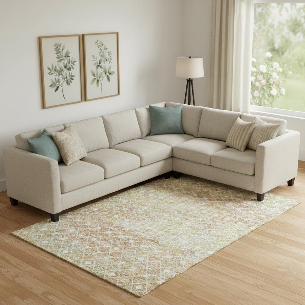 HomeRoots 9' x 12' Stylish Peach Ivory Gold Geometric Washable Area Rug with Stain Resistance & UV Protection 695653
