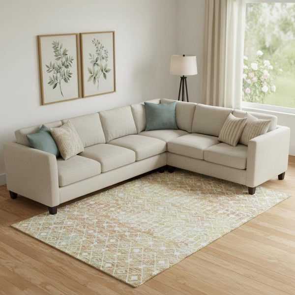 HomeRoots 9' x 12' Stylish Peach Ivory Gold Geometric Washable Area Rug with Stain Resistance & UV Protection 695653
