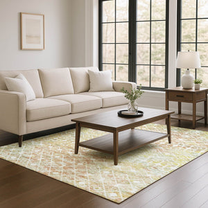HomeRoots 9' x 12' Stylish Peach Ivory Gold Geometric Washable Area Rug with Stain Resistance & UV Protection 695653