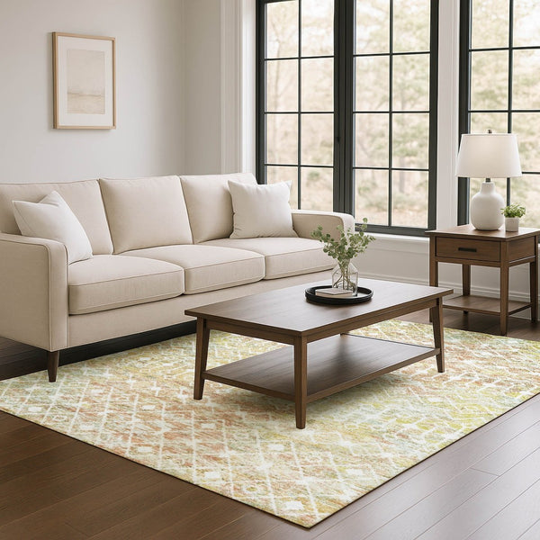 HomeRoots 9' x 12' Stylish Peach Ivory Gold Geometric Washable Area Rug with Stain Resistance & UV Protection 695653