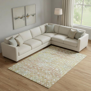 HomeRoots 10' Modern Peach Ivory Gold Geometric Area Rug – Washable, UV Protected, Stain-Resistant Design 695654