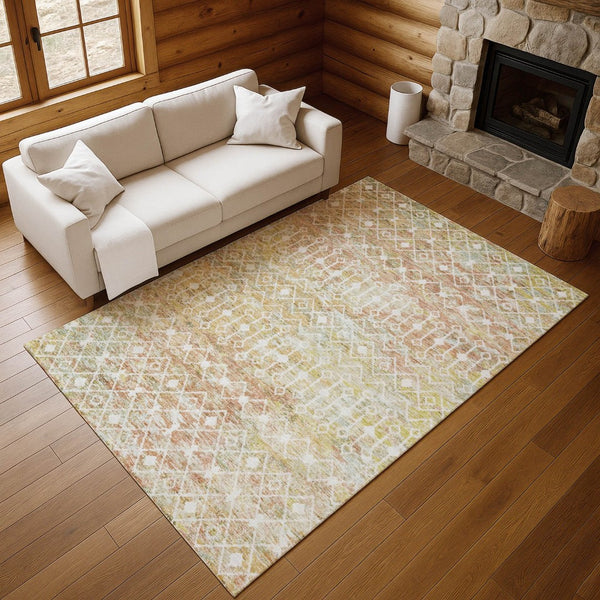 HomeRoots 10' Modern Peach Ivory Gold Geometric Area Rug – Washable, UV Protected, Stain-Resistant Design 695654