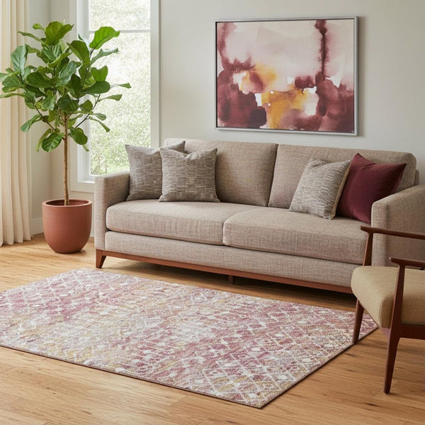 HomeRoots 5' X 8' Pink Ivory Wheat Geometric Area Rug - Washable, Stain-Resistant, UV Protected for Durability 695656
