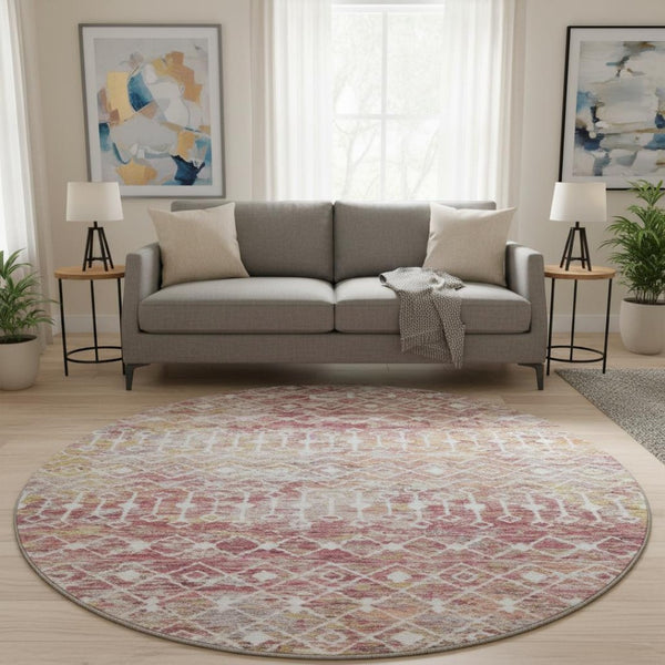 HomeRoots 8' Modern Pink Ivory Geometric Washable Round Rug with UV Protection for Stylish Spaces & Durability 695657