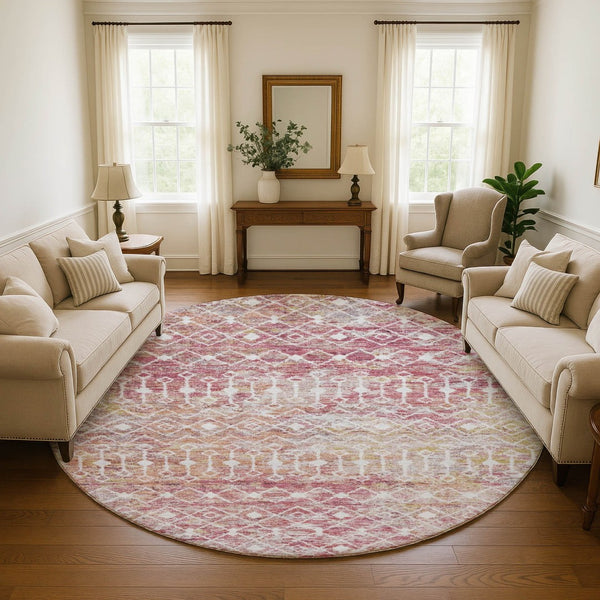 HomeRoots 8' Modern Pink Ivory Geometric Washable Round Rug with UV Protection for Stylish Spaces & Durability 695657