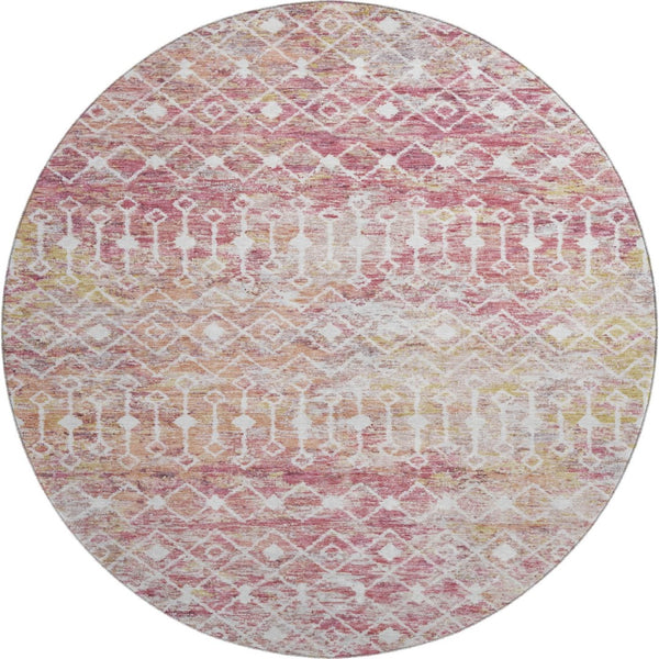 HomeRoots 8' Modern Pink Ivory Geometric Washable Round Rug with UV Protection for Stylish Spaces & Durability 695657