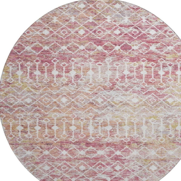 HomeRoots 8' Modern Pink Ivory Geometric Washable Round Rug with UV Protection for Stylish Spaces & Durability 695657