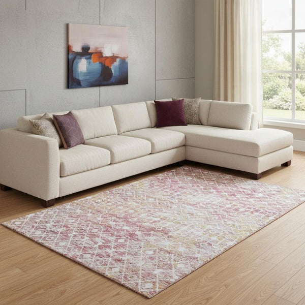 HomeRoots 8' X 10' Stylish Pink Ivory Geometric Washable Area Rug with UV Protection for Busy Homes 695658