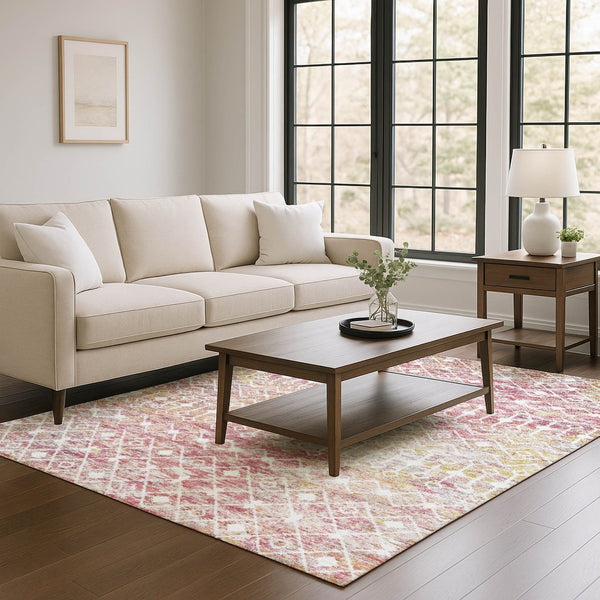 HomeRoots 9' X 12' Washable Geometric Area Rug in Pink, Ivory & Wheat - UV Protected, Non-Slip & Stain Resistant 695659