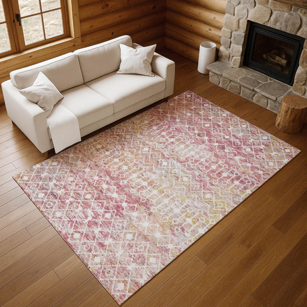 HomeRoots 10' X 14' Modern Pink Ivory Wheat Geometric Area Rug – Washable, UV-Protected, Non-Slip Design! 695660