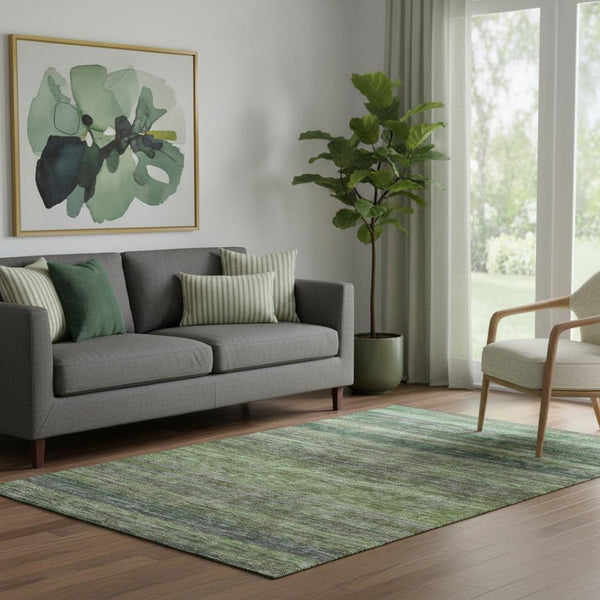 HomeRoots 5' X 8' Artichoke Green & Gray Striped Washable Area Rug with UV Protection for Kids & Pets 695662