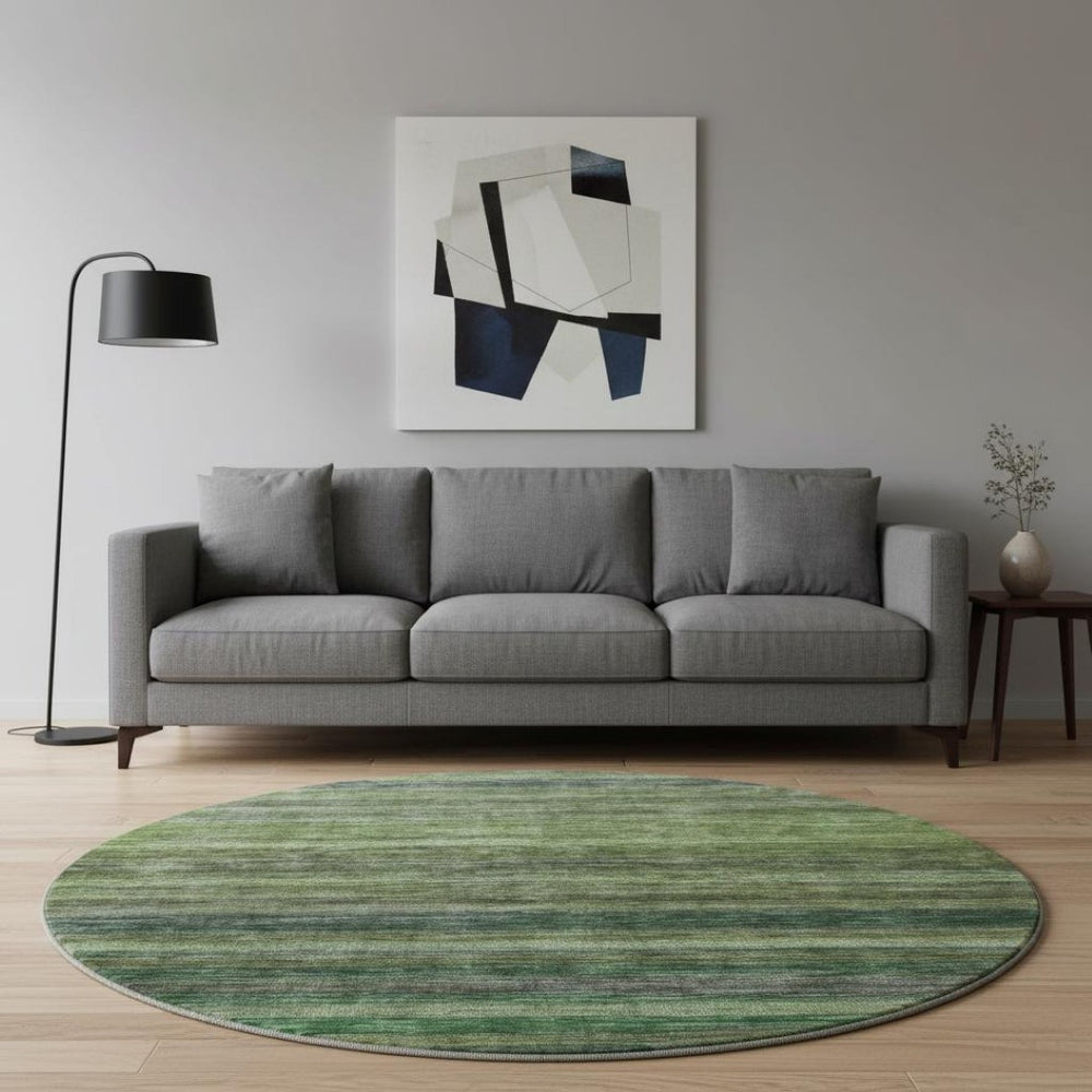 HomeRoots 8' Washable Round Rug in Artichoke Green & Gray Stripes - UV Protected, Non-Slip, Easy-Care Design 695663