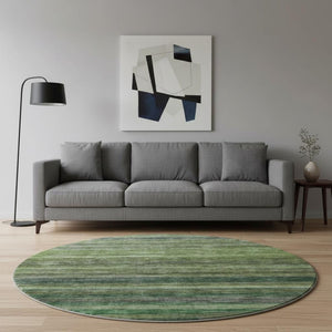 HomeRoots 8' Washable Round Rug in Artichoke Green & Gray Stripes - UV Protected, Non-Slip, Easy-Care Design 695663