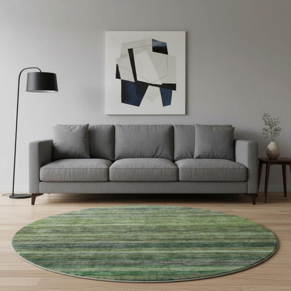 HomeRoots 8' Washable Round Rug in Artichoke Green & Gray Stripes - UV Protected, Non-Slip, Easy-Care Design 695663