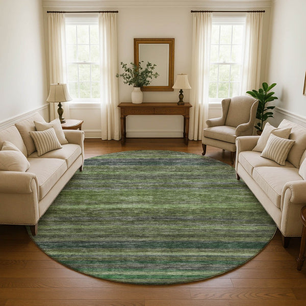 HomeRoots 8' Washable Round Rug in Artichoke Green & Gray Stripes - UV Protected, Non-Slip, Easy-Care Design 695663