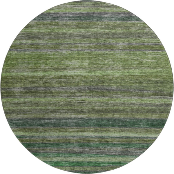 HomeRoots 8' Washable Round Rug in Artichoke Green & Gray Stripes - UV Protected, Non-Slip, Easy-Care Design 695663