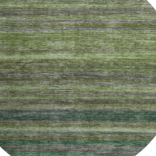 HomeRoots 8' Washable Round Rug in Artichoke Green & Gray Stripes - UV Protected, Non-Slip, Easy-Care Design 695663
