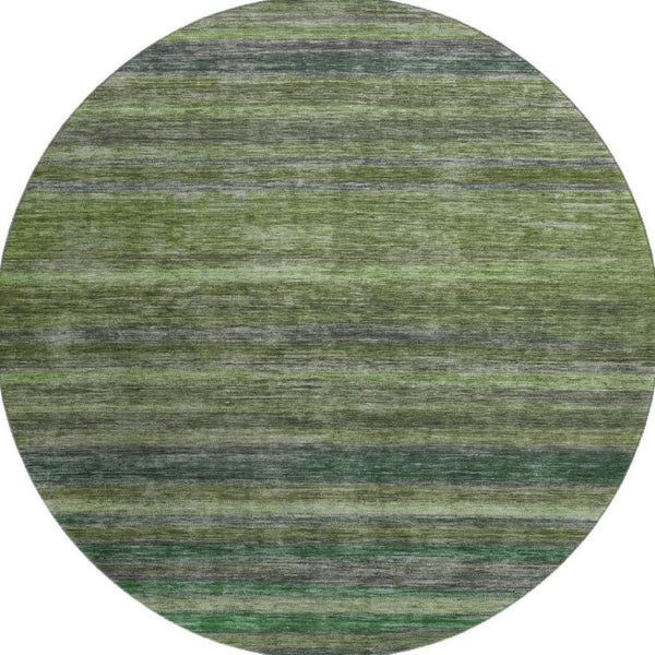 HomeRoots 8' Washable Round Rug in Artichoke Green & Gray Stripes - UV Protected, Non-Slip, Easy-Care Design 695663