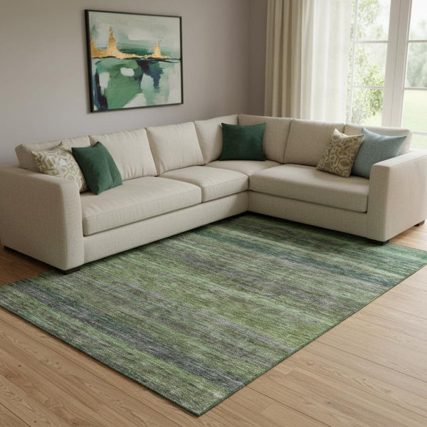 HomeRoots 8' X 10' Artichoke Green & Gray Striped Washable Area Rug - Stylish, Durable, UV-Protected Design 695664