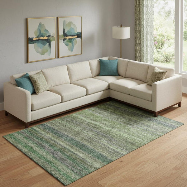 HomeRoots 9' X 12' Artichoke Green & Gray Striped Washable Area Rug - Durable, UV-Protected & Stylish Addition 695665