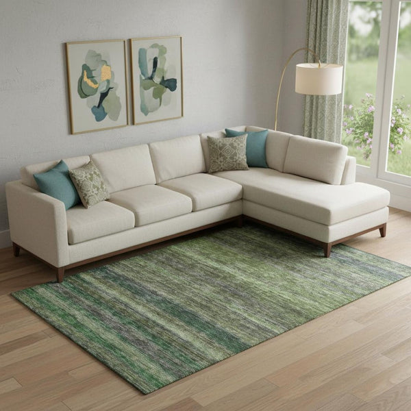 HomeRoots 10' X 14' Artichoke Green & Gray Striped Area Rug - Washable, UV Protected for Stylish Durability! 695666