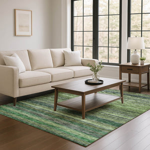 HomeRoots 10' X 14' Artichoke Green & Gray Striped Area Rug - Washable, UV Protected for Stylish Durability! 695666
