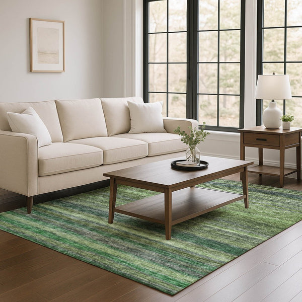 HomeRoots 10' X 14' Artichoke Green & Gray Striped Area Rug - Washable, UV Protected for Stylish Durability! 695666