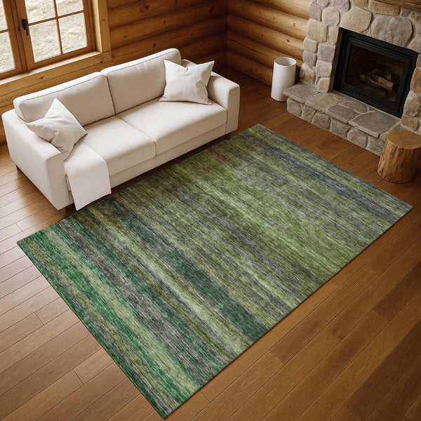 HomeRoots 10' X 14' Artichoke Green & Gray Striped Area Rug - Washable, UV Protected for Stylish Durability! 695666
