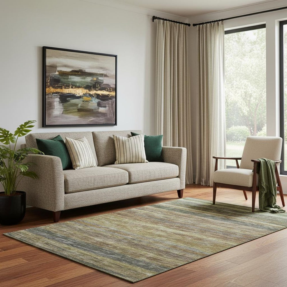 HomeRoots 5' X 8' Stylish Brown Gold Gray Striped Washable Area Rug with UV Protection & Non-Slip Backing 695668