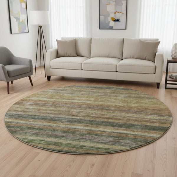 HomeRoots 8' Washable Round Rug in Brown, Gold & Gray Stripes - UV Protected, Stain Resistant, Non-Slip Design 695669