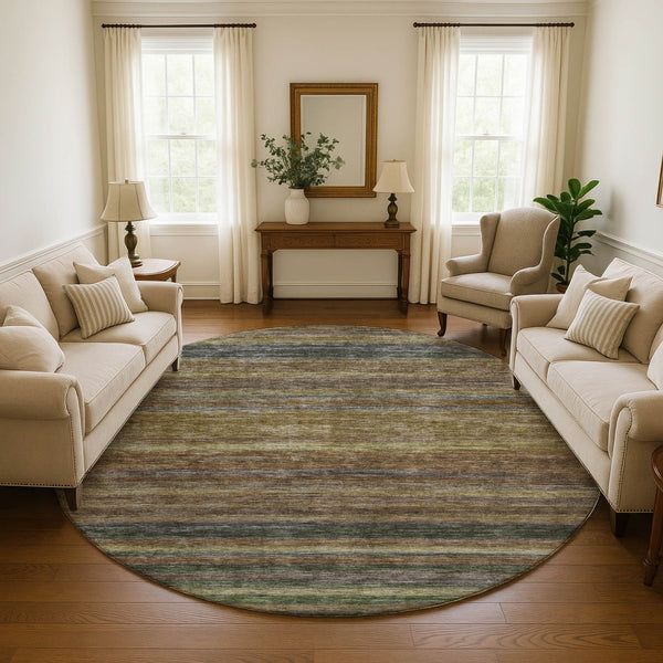HomeRoots 8' Washable Round Rug in Brown, Gold & Gray Stripes - UV Protected, Stain Resistant, Non-Slip Design 695669