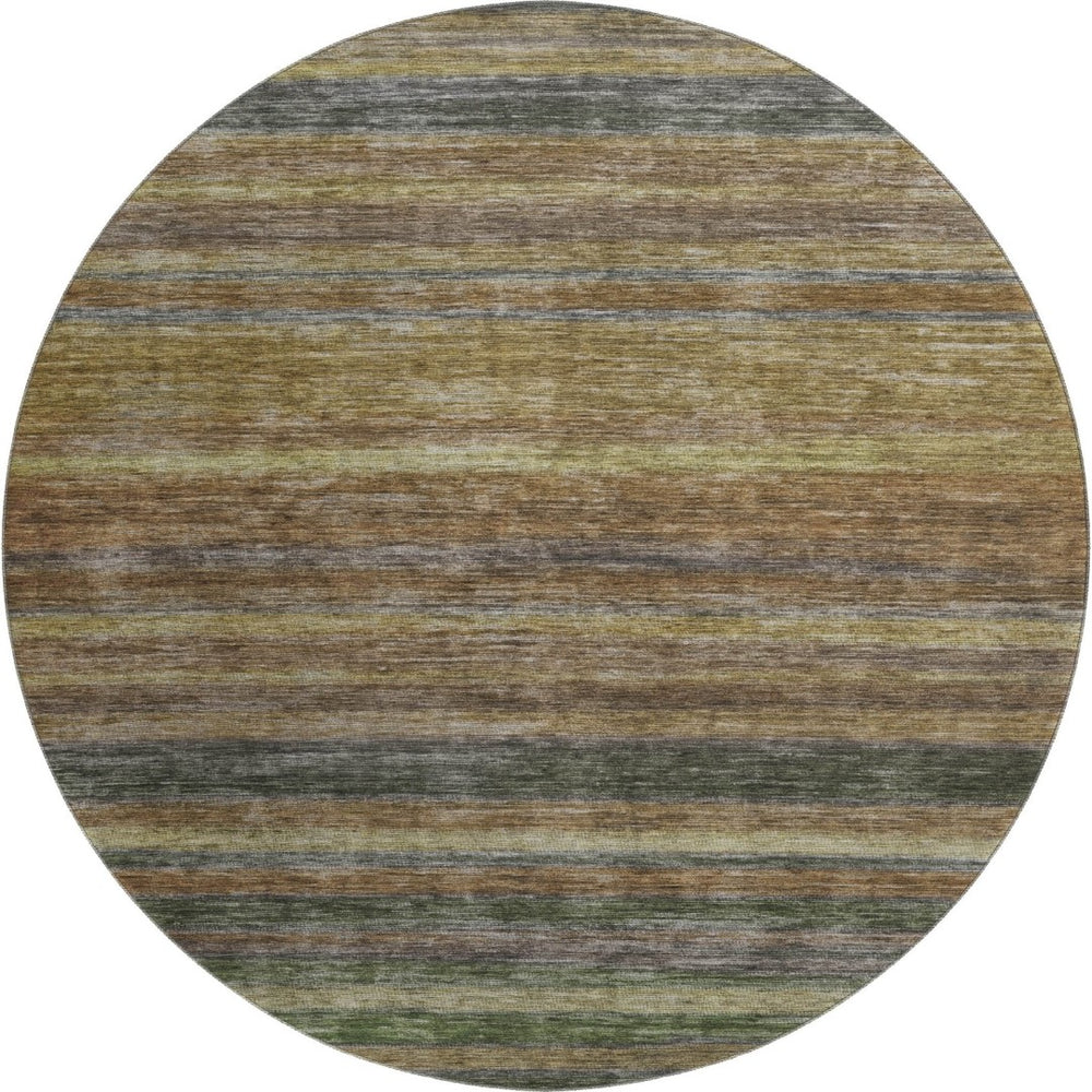 HomeRoots 8' Washable Round Rug in Brown, Gold & Gray Stripes - UV Protected, Stain Resistant, Non-Slip Design 695669