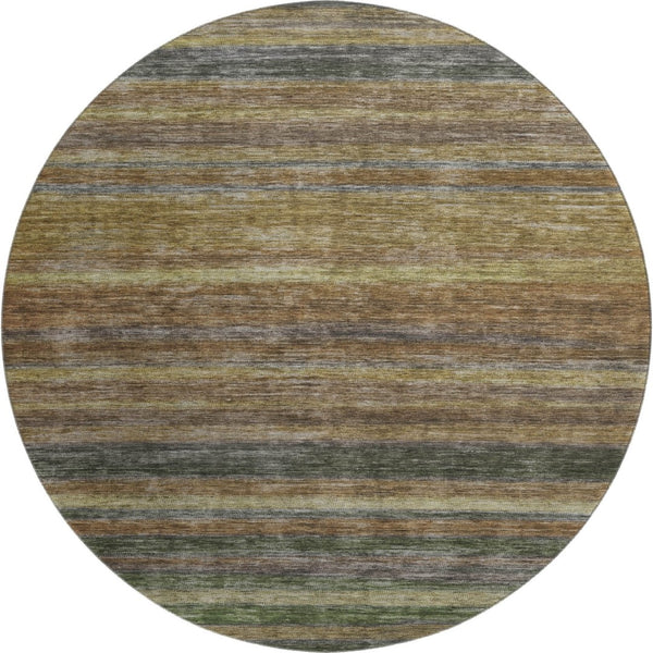 HomeRoots 8' Washable Round Rug in Brown, Gold & Gray Stripes - UV Protected, Stain Resistant, Non-Slip Design 695669