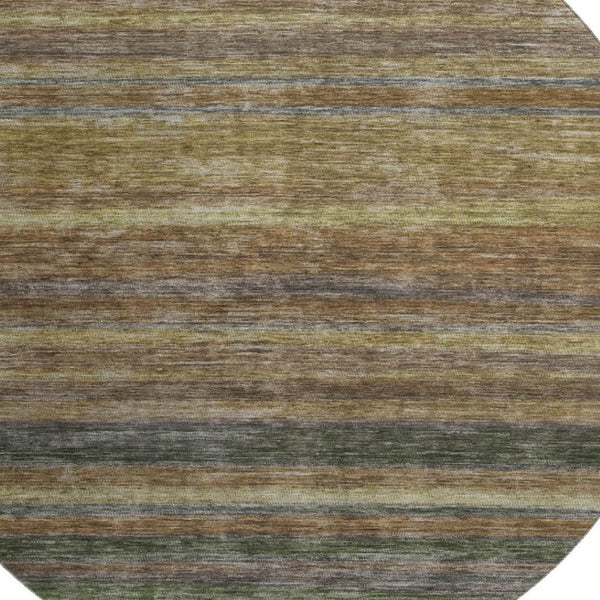 HomeRoots 8' Washable Round Rug in Brown, Gold & Gray Stripes - UV Protected, Stain Resistant, Non-Slip Design 695669