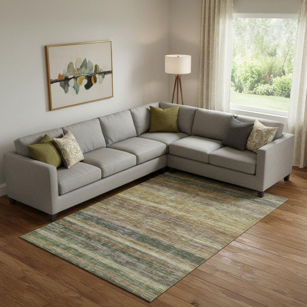 HomeRoots 9' Transitional Brown, Gold & Gray Striped Washable Area Rug with UV Protection for High-Traffic Spaces 695671