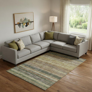 HomeRoots 9' Transitional Brown, Gold & Gray Striped Washable Area Rug with UV Protection for High-Traffic Spaces 695671