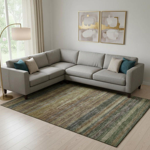 HomeRoots 10' X 14' Stylish Brown Gold Gray Striped Washable Area Rug with UV Protection for Busy Homes 695672