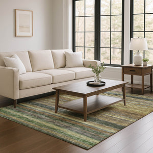 HomeRoots 10' X 14' Stylish Brown Gold Gray Striped Washable Area Rug with UV Protection for Busy Homes 695672