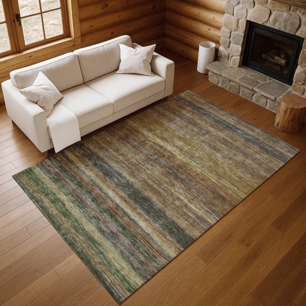 HomeRoots 10' X 14' Stylish Brown Gold Gray Striped Washable Area Rug with UV Protection for Busy Homes 695672