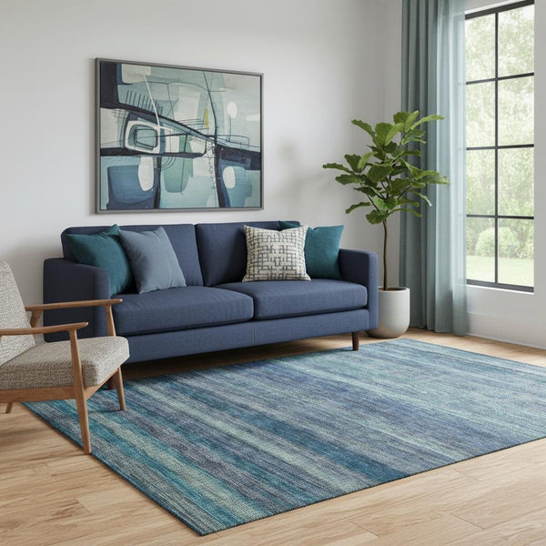 HomeRoots 5' X 8' Washable Area Rug in Coastal Blue & Gray Stripes - UV Protected, Stain Resistant & Durable 695674