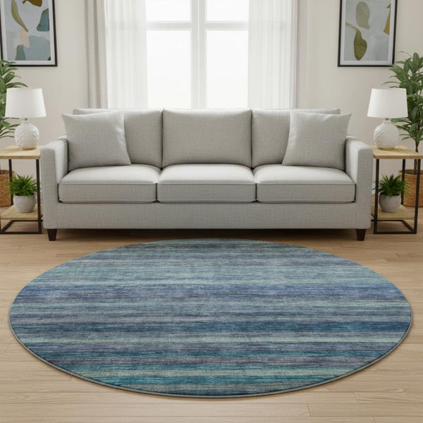 HomeRoots 8' Stylish Blue Teal and Gray Striped Washable Round Rug with UV Protection for Home & Patio Decor 695675
