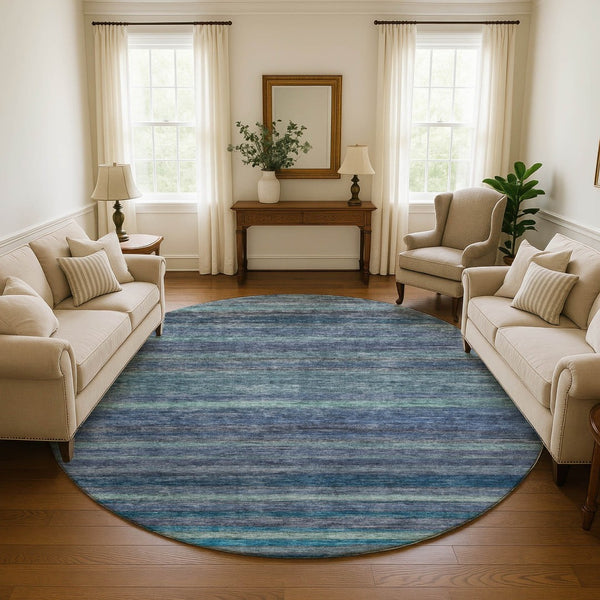 HomeRoots 8' Stylish Blue Teal and Gray Striped Washable Round Rug with UV Protection for Home & Patio Decor 695675