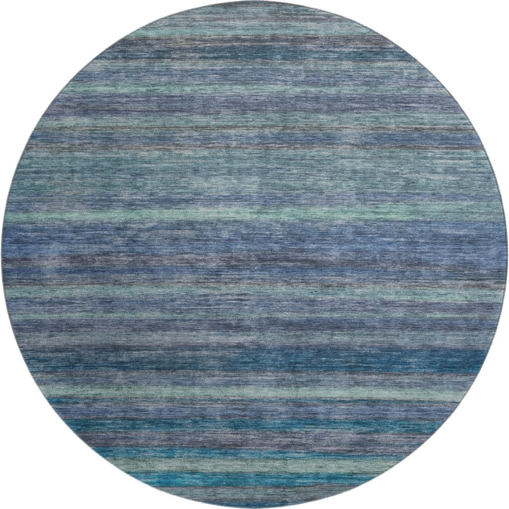 HomeRoots 8' Stylish Blue Teal and Gray Striped Washable Round Rug with UV Protection for Home & Patio Decor 695675