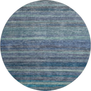 HomeRoots 8' Stylish Blue Teal and Gray Striped Washable Round Rug with UV Protection for Home & Patio Decor 695675