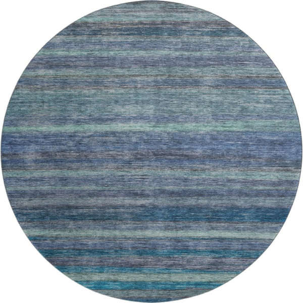 HomeRoots 8' Stylish Blue Teal and Gray Striped Washable Round Rug with UV Protection for Home & Patio Decor 695675