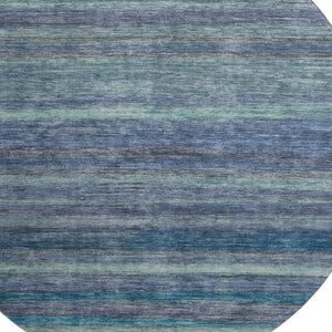 HomeRoots 8' Stylish Blue Teal and Gray Striped Washable Round Rug with UV Protection for Home & Patio Decor 695675