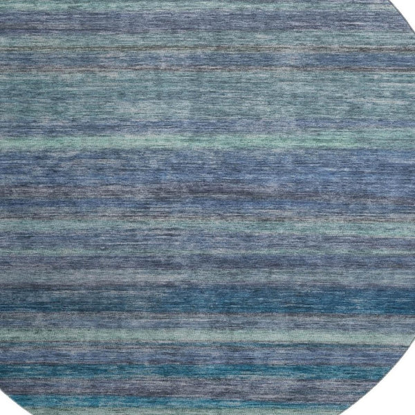 HomeRoots 8' Stylish Blue Teal and Gray Striped Washable Round Rug with UV Protection for Home & Patio Decor 695675