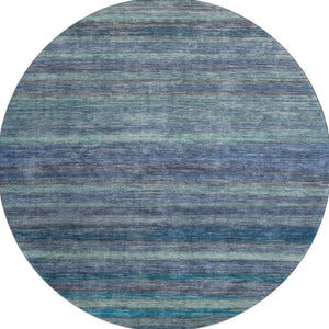 HomeRoots 8' Stylish Blue Teal and Gray Striped Washable Round Rug with UV Protection for Home & Patio Decor 695675