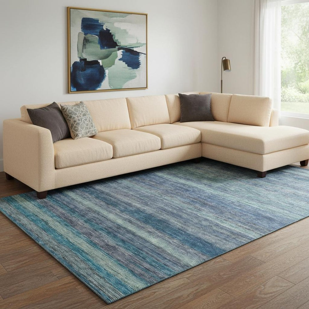 HomeRoots 8' X 10' Coastal Blue Teal & Gray Striped Washable Area Rug, UV Protected, Durable & Stylish Design 695676